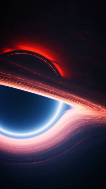 Υπερμεγέθης μοναδικότητα στο εξώτερο σύμπαν. Διαστρική μαύρη τρύπα με βαρυτικές δυνάμεις που στρεβλώνουν το χώρο. Κάθετη 3D φόντο ταπετσαρία εικόνα. Κοντινό πλάνο του ορίζοντα γεγονότων και του δίσκου προσαύξησης. - Φωτογραφία, εικόνα