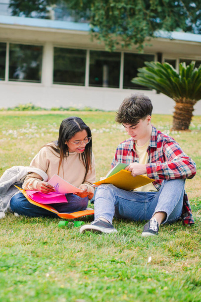 Portrait vertical d'un couple d'élèves apprenant la leçon assis sur la pelouse du campus universitaire du secondaire. Une paire de jeunes amis adolescents faisant les devoirs de la classe collégiale ensemble. Haut - Photo, image
