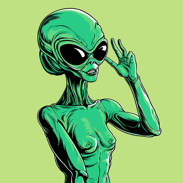 Humanoid alien portrait in vector graphic style. Template for t-shirt, sticker, etc. - Vector, Image