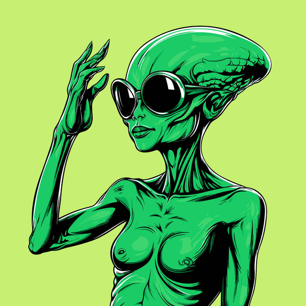 Retrato alienígena humanoide en estilo gráfico vectorial. Plantilla para camiseta, pegatina, etc.. - Vector, Imagen