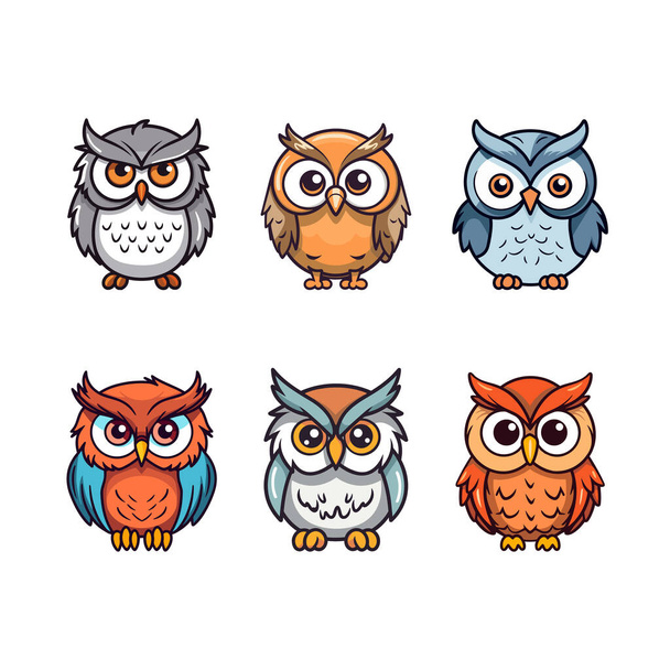 Cute owl birds set isolated on white background. Colorful cartoon owls. Vector stock - Vector, Image