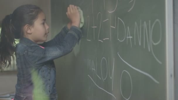 Girl cleaning blackboard - Materiał filmowy, wideo