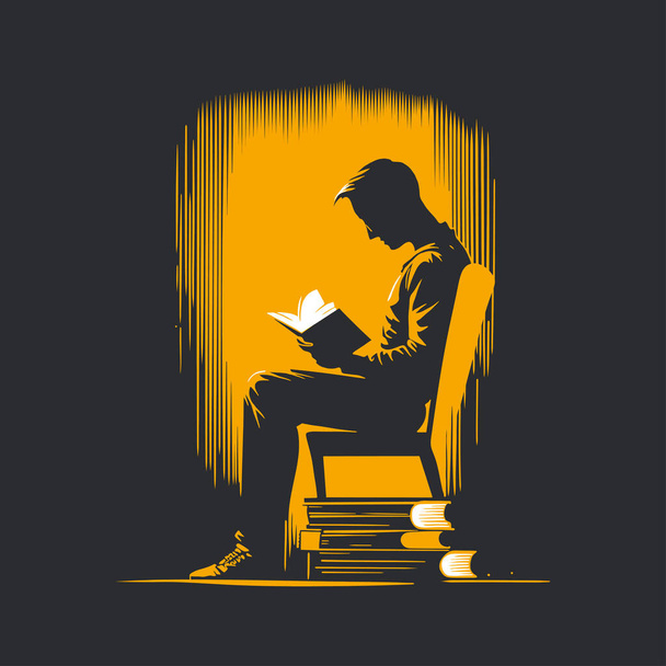 Ilustración vectorial de un hombre sentado leyendo un libro. Estilo dibujado a mano y coloreado en naranja y negro - Vector, Imagen