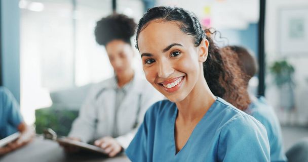 Worker, face or nurse in hospital meeting for medical student, life insurance medicine or treatment training. Smile, happy or healthcare woman in portrait, teamwork collaboration or clinic planning. - Photo, Image