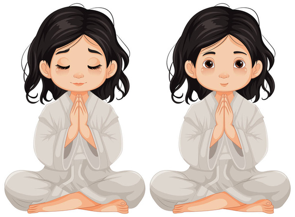 A vector cartoon illustration of a girl sitting and meditating with her eyes both open and closed - Vector, Image