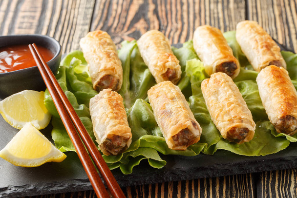 Βιετναμέζικα nem τηγανητά spring rolls με κοτόπουλο και λαχανικά σερβίρονται με σάλτσα close-up σε ένα πιάτο στο τραπέζι. Οριζόντα - Φωτογραφία, εικόνα