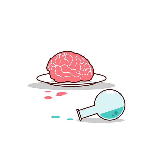 Απομονωμένες γελοιογραφία εγκεφάλου σε πιάτο και μπλε χημικών - Διάνυσμα, εικόνα