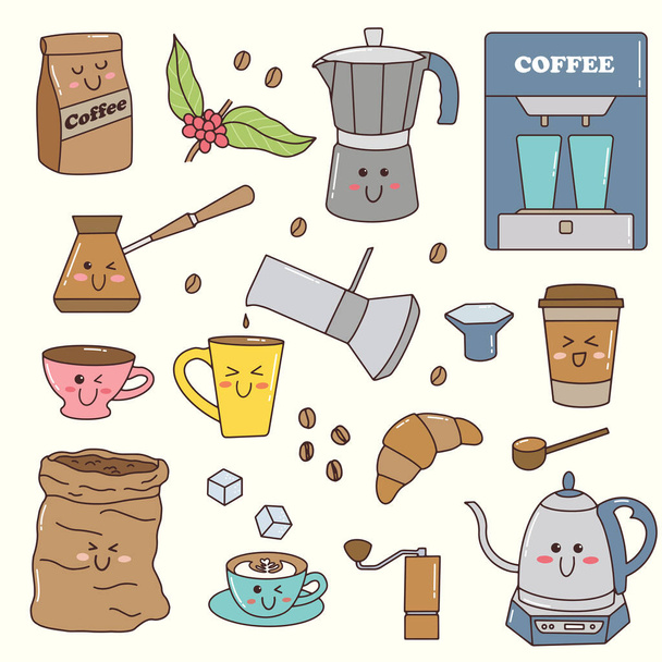 Kaffeezubehör im niedlichen Doodle-Stil - Vektor, Bild