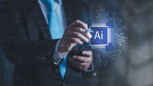 Innovatieve technologie Machine learning. Kunstmatige intelligentie AI printplaat in de vorm van elektronische printplaat icoon symbool op zakenman hand vinger aanraken met cyberpunk neon cyberspace verlichting - Foto, afbeelding
