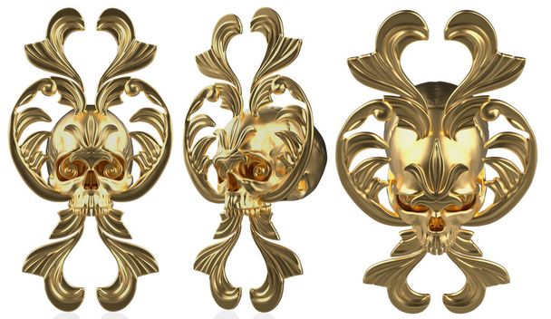 Izolované 3d provedení ilustrace zlaté gotické barokní zdobené lebky v různých úhlech. - Fotografie, Obrázek