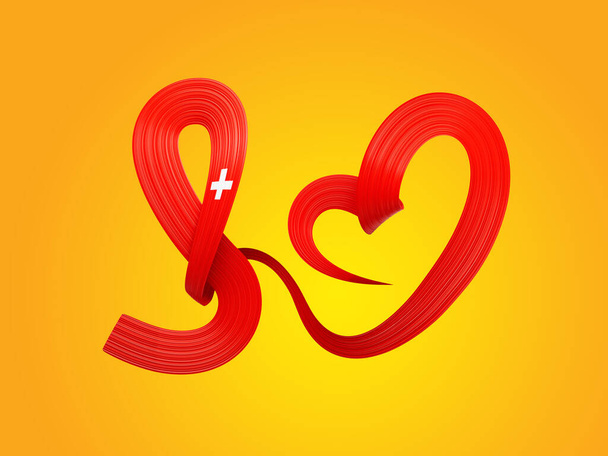 3D vlajka Švýcarska Tvar srdce lesklé vlnité povědomí stuha na žlutém pozadí 3d ilustrace - Fotografie, Obrázek