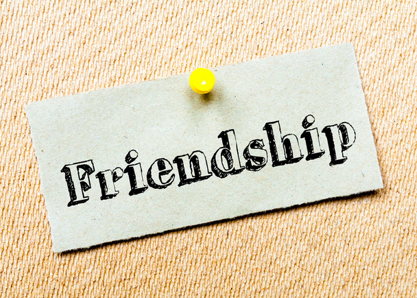 Recycled paper note pinned on cork board. Friendship Message - Photo, Image