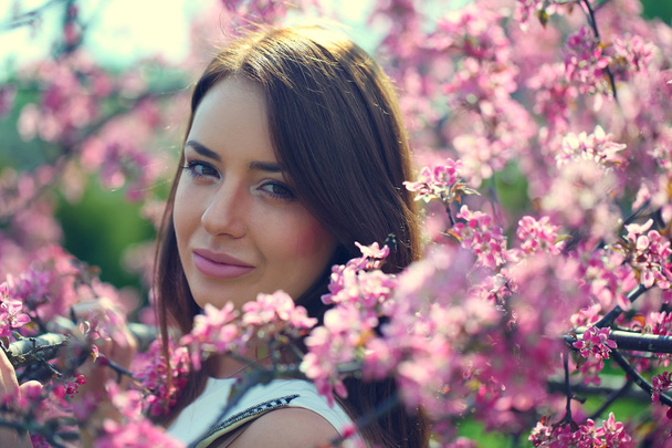 girl in flowers of apple tree - Photo, Image