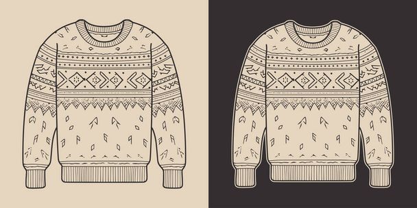 Antika eski yılbaşı Noel 'i çirkin, rahat hippi süveter kazak kazak kazak giysisi. Logo ya da dekorasyon için kullanılabilir. Monokrom Grafik Sanatı. Vektör. Oymacılıkta el çizimi ögesi - Vektör, Görsel
