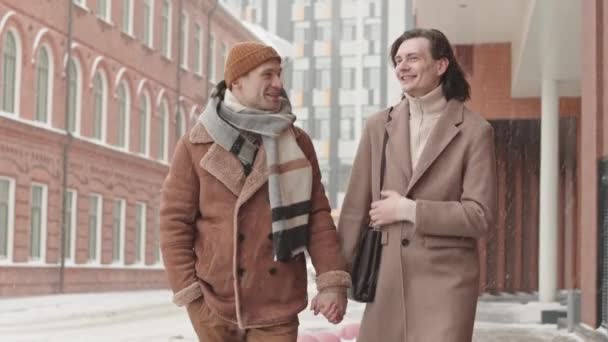 Romántico caucásico gay pareja caminando por la calle en nevado día cogido de la mano y tener conversación - Imágenes, Vídeo