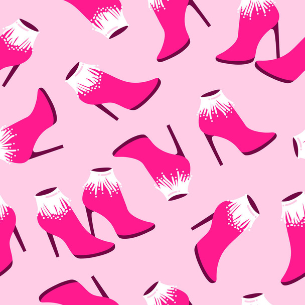 ピンクのファッショナブルな靴とベクターシームレスなパターン. 手描きのテクスチャデザイン. - ベクター画像