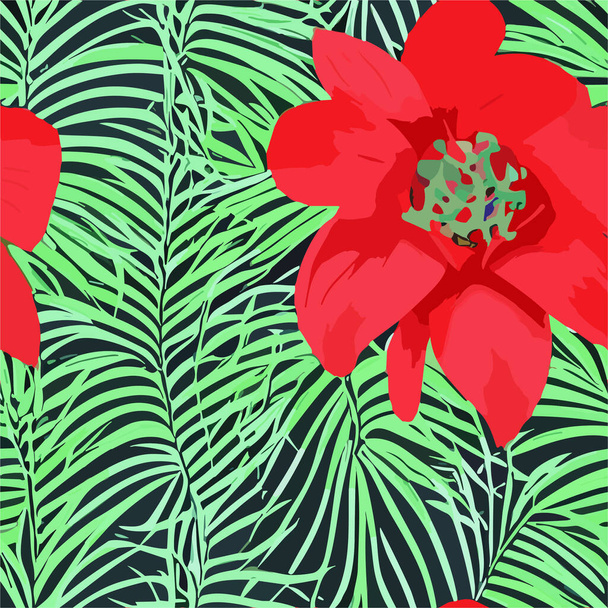 A tropical jungle scene with a variety of vibrant flowers, plants and trees. The background is a dark green color with a mix of red medium flowers and green foliage. Seamless floral pattern - Vector, Image