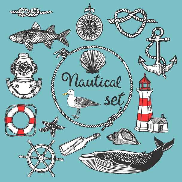 Hand drawn nautical vintage set - Вектор,изображение