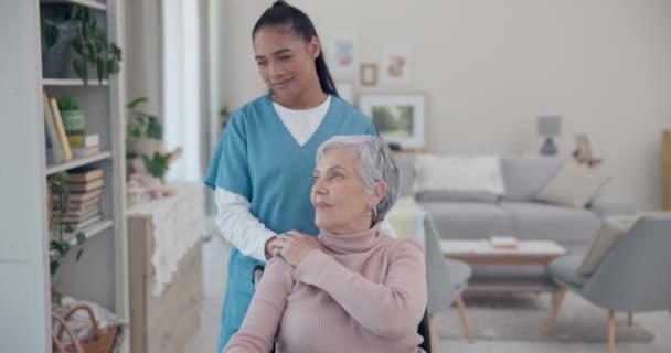 Caregiver, thinking or elderly woman with wheelchair for support, geriatric senior care or old age movement disability. Disabled person, nursing home view or nurse help retirement patient with moving. - Séquence, vidéo