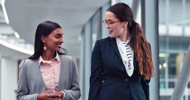 Walking, talking and business women in office planning corporate project or strategy. Teamwork, collaboration and happy friends or professional people for discussion, chat or advice for ideas. - Filmati, video