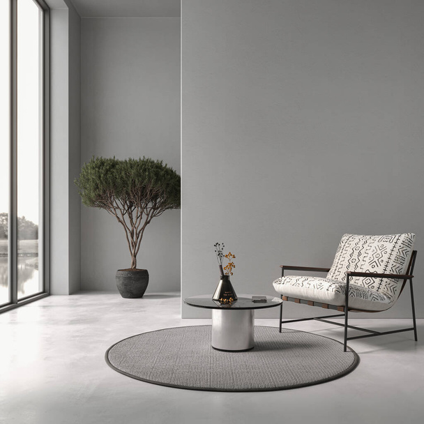 Design de interiores contemporânea da sala de estar com paredes vazias cinza e piso de concreto. Bela decoração. Mock up, renderização 3d  - Foto, Imagem