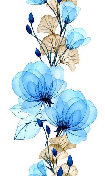 Płynna granica akwareli z przezroczystymi kwiatami róż i liśćmi gingko. delikatny wzór z niebieskimi kwiatami. RTG - Zdjęcie, obraz