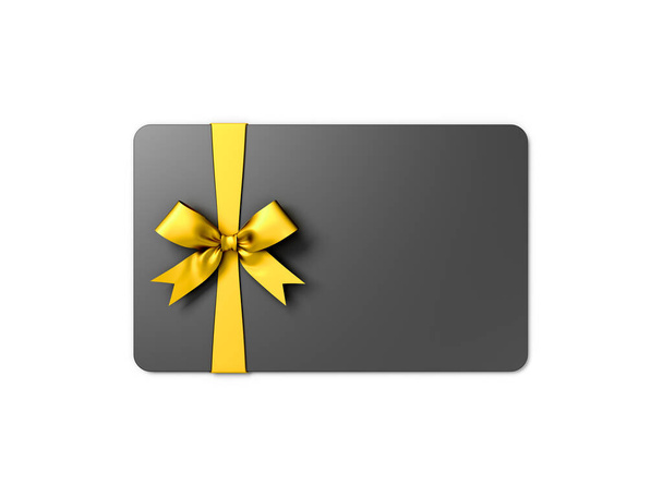 Tarjeta de regalo en blanco negro o vale de regalo con lazo de cinta de oro aislado sobre fondo blanco con sombra mínima representación 3D concepto - Foto, imagen