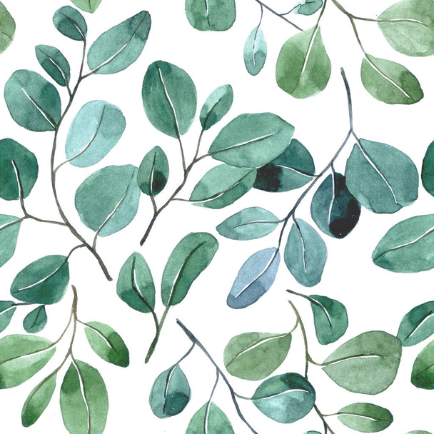 Aquarell nahtloses Muster mit tropischen Eukalyptusblättern auf weißem Hintergrund. einfacher abstrakter Druck mit grünen Blättern - Foto, Bild