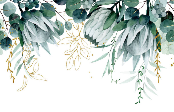 Rysunek akwareli. płynna granica z tropikalnymi kwiatami i liśćmi. kwiaty protea i liście eukaliptusa ze złotymi elementami - Zdjęcie, obraz