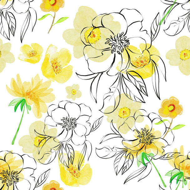 Χρώμα απρόσκοπτη υδατογραφία μοτίβο των όμορφων λουλουδιών   - Φωτογραφία, εικόνα