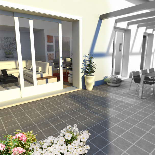Modélisation 3D du bâtiment intérieur et extérieur, avec mobilier
 - Photo, image