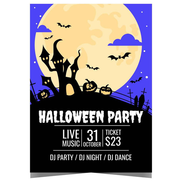 Halloween party plakát s velkým úplňkem osvětlující hrad čarodějnice, strašidelné dýně, hrozný hřbitov a létající netopýři. Připraveno k vytištění vektorové šablony pro oslavu Halloweenské párty. - Vektor, obrázek