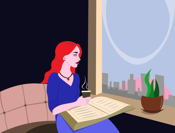 A captivating portrait of a beautiful redhead, her fiery tresses echoing the hue of her necklace. Seated by a window, she holds a book and a cup of coffee, lost in the early morning reverie. The - Vector, Image