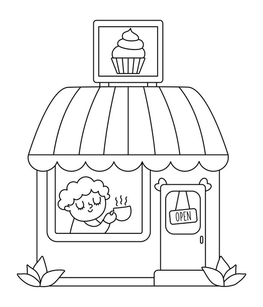 Vector schwarz-weiß gemütliches Café mit Mann Tee trinken isoliert auf weißem Hintergrund. Kleine Kaffeehauszeile oder Malseite. Netter Kiosk mit Gebäck und Kuchen - Vektor, Bild