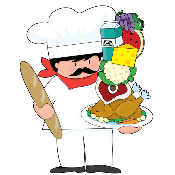 A cute chef holding a plate with a stack of food - Vector, Image