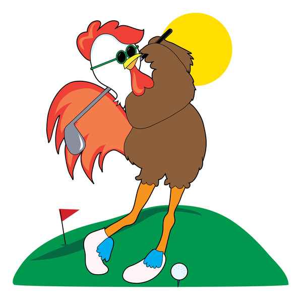 Gallo fresco jugando al golf
 - Vector, imagen