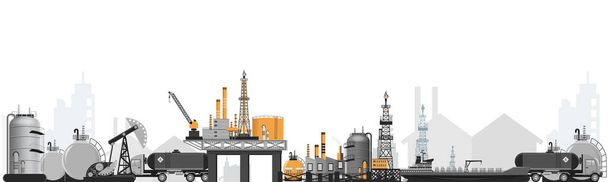 Ropný průmysl platforma Banner s vrtné plošiny věž stanice, Ropa zásobník, ropný benzín zásobník a doprava. Návrh letáku s plakáty. Vektorové ilustrace10 - Vektor, obrázek