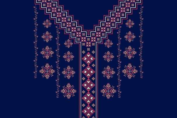 Ethnic cross stitch pattern. Ethnic neckline embroidery design. Vector geometric neckline traditional stitch pattern. Textile collar shirts fashion. Ethnic cloth ornaments colorful pixel art style. - Vector, Image