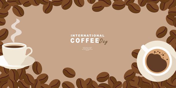 Banner del Día Internacional del Café, 1 de octubre de vacaciones. Estilo geométrico simple minimalista horizontal saludo plano para pancarta, cartel, fondo. Ilustración vectorial. - Vector, imagen