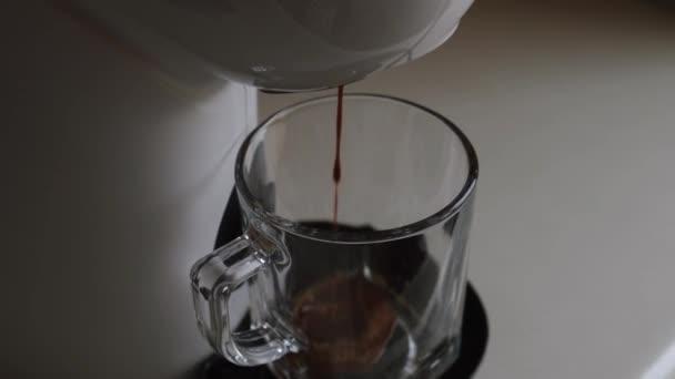 A fehér kávéfőző gépből vagy kávéfőzőből világos alapon átlátszó bögrékbe ömlik a kávé. Kiváló minőségű 4k felvételek - Felvétel, videó