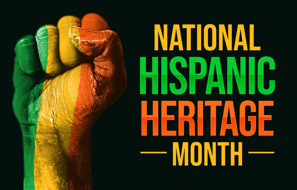 National Hispanic Heritage Month disegno colorato carta da parati con pugno dipinto mostrando forza e tipografia sul lato. Lo sfondo del mese ispanico viene osservato ogni anno - Foto, immagini