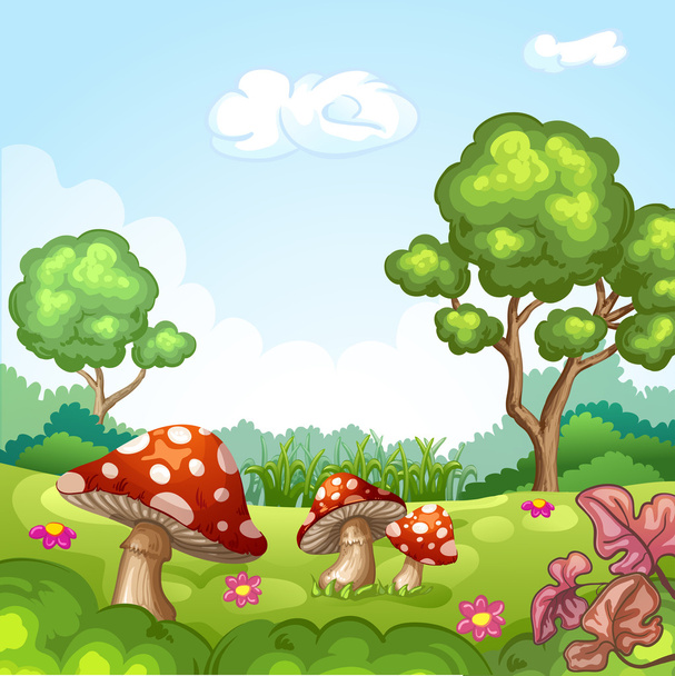 Beautiful landscape with mushrooms - Vector, Imagen
