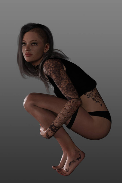 Tattoo covered young brunette woman in lingerie. Partly shaved head wearing a chained choker. Face, ankle, arm tattoos.  - Photo, Image