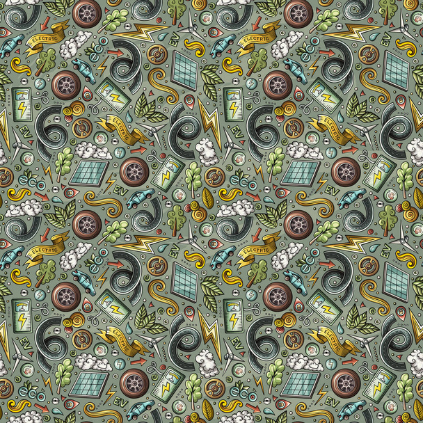 Cartoon niedliche Doodles Elektrofahrzeug nahtlose Muster. farbenfrohe detaillierte, mit vielen Objekten Hintergrund. Hintergrund mit Öko-Autos Symbole und Gegenstände - Foto, Bild