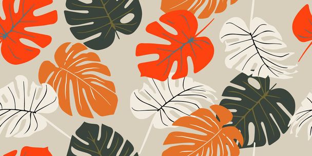 Monstera folha sem costura padrão, mão desenhada tropical botânica, primavera e verão, estilo verde, ornamentos naturais para têxteis, tecido, papel de parede, fundo. - Vetor, Imagem
