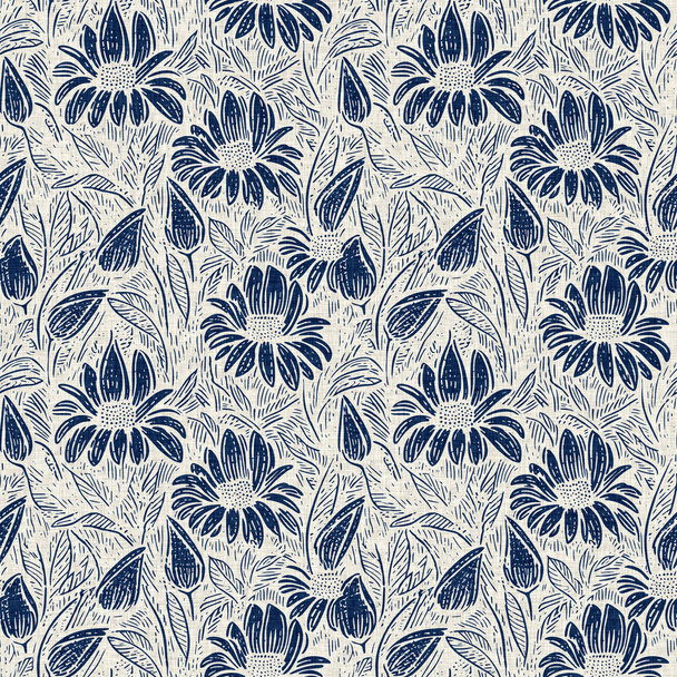 Masculin indigo floral relief lin motif sans couture. Impression partout de bleu marine effet coton fleur linogravure tissu fond - Photo, image