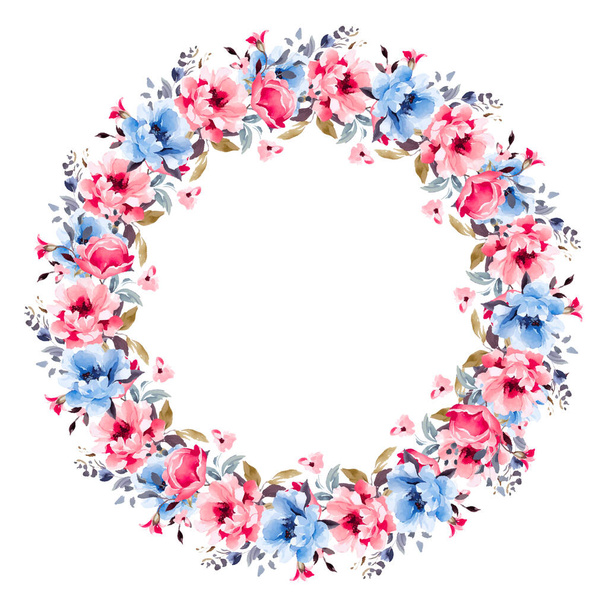 Vector flowers frame. Beautiful wreath. Elegant floral collection with isolated blue,pink leaves and flowers, hand drawn watercolor. - Vector, Image
