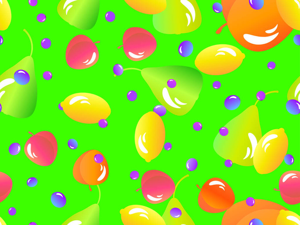 Бесшовный рисунок с лимонами, персиками, грушей и черникой. Летняя экзотическая фруктовая смесь с градиентными цветами в 3D стиле. Дизайн баннеров, плакатов и рекламных материалов. Векторная иллюстрация - Вектор,изображение