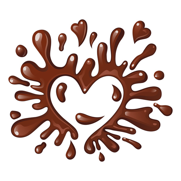 Splashes and drops of chocolate in the shape of a heart - Vector, Image