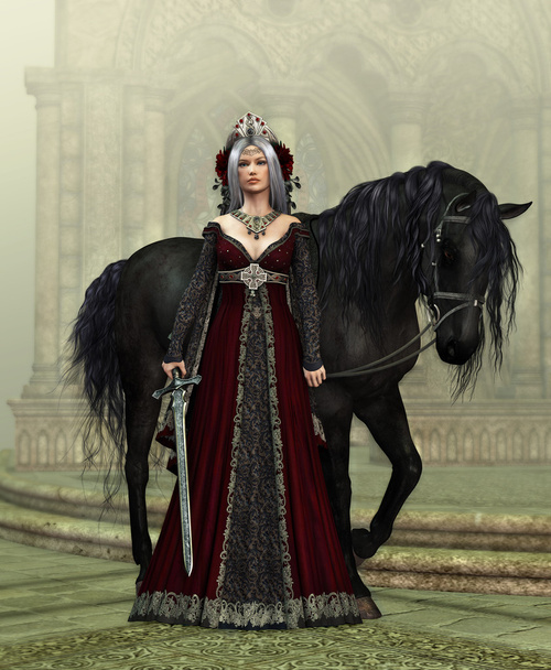 Κυρία του κάστρου με το μαύρο άλογο, 3d Cg - Φωτογραφία, εικόνα